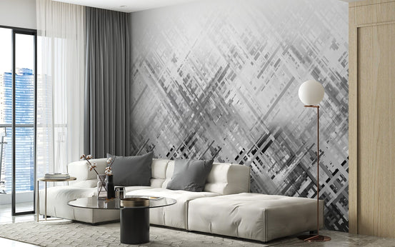 Black white and grey wall mural structured line composition.
