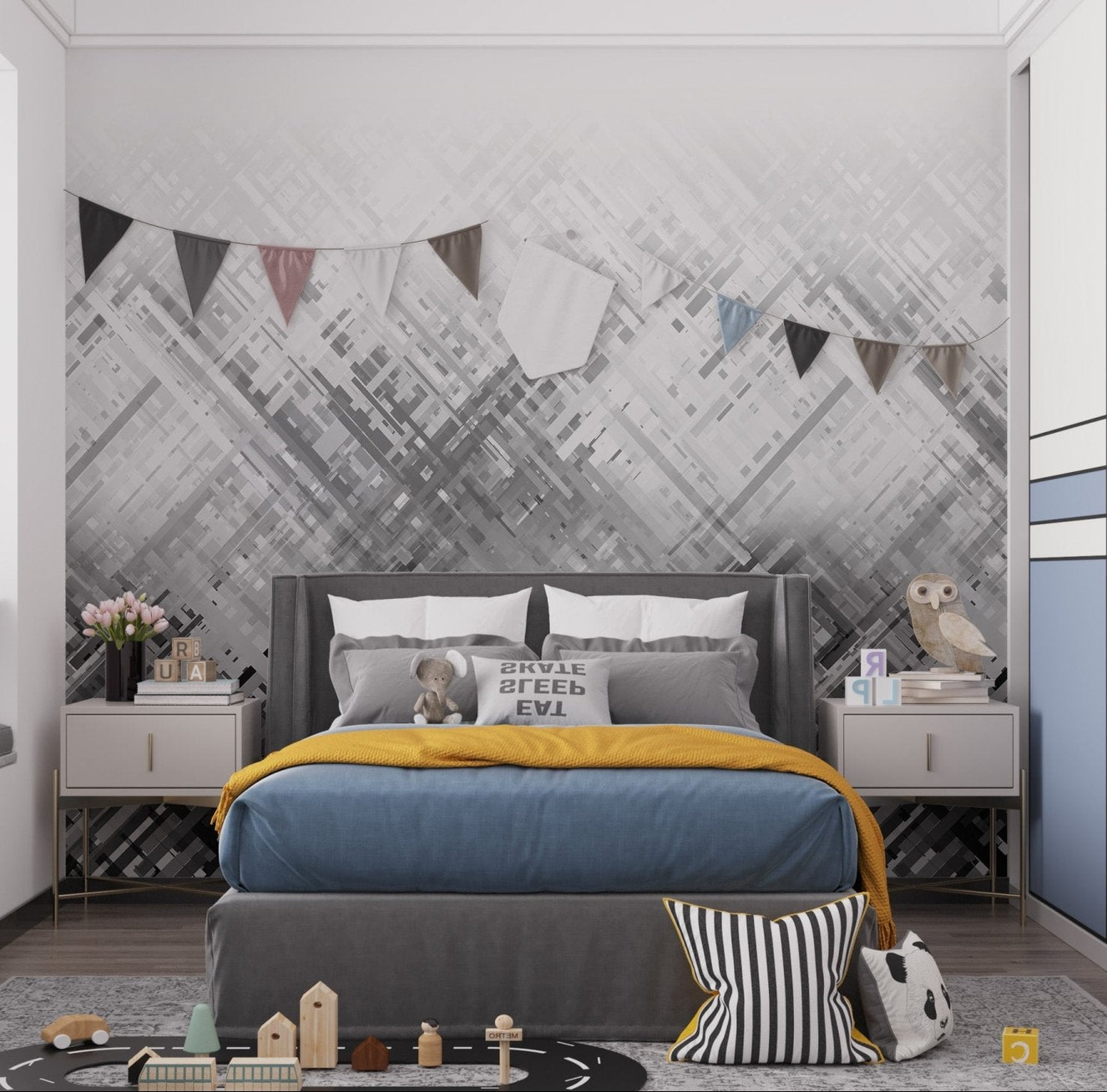 Monochrome streaks wallpaper mural abstract black grey pattern.