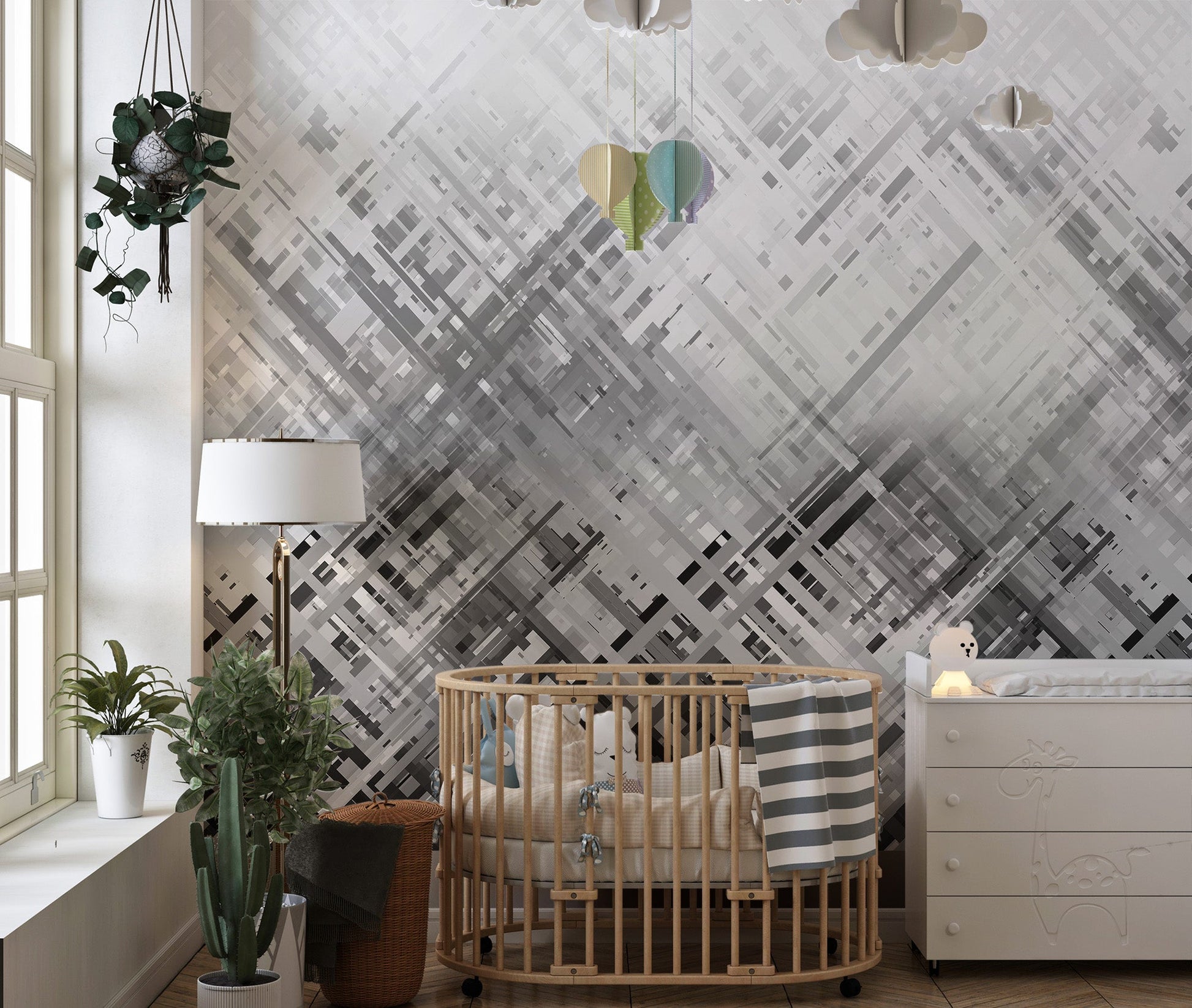 Modern monochrome wall mural with intersecting diagonal strokes.