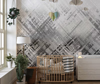 Modern monochrome wall mural with intersecting diagonal strokes.