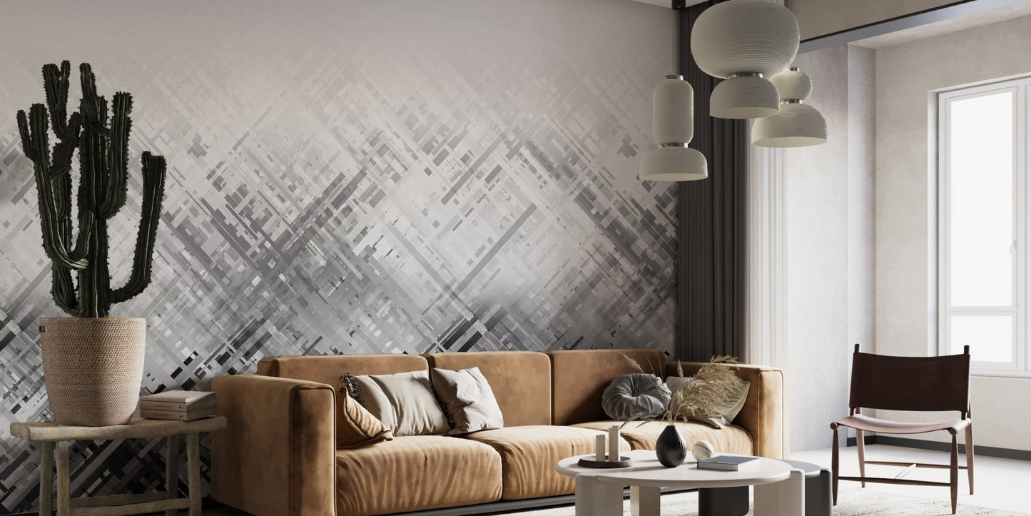 Contemporary black grey wall mural linear art design.