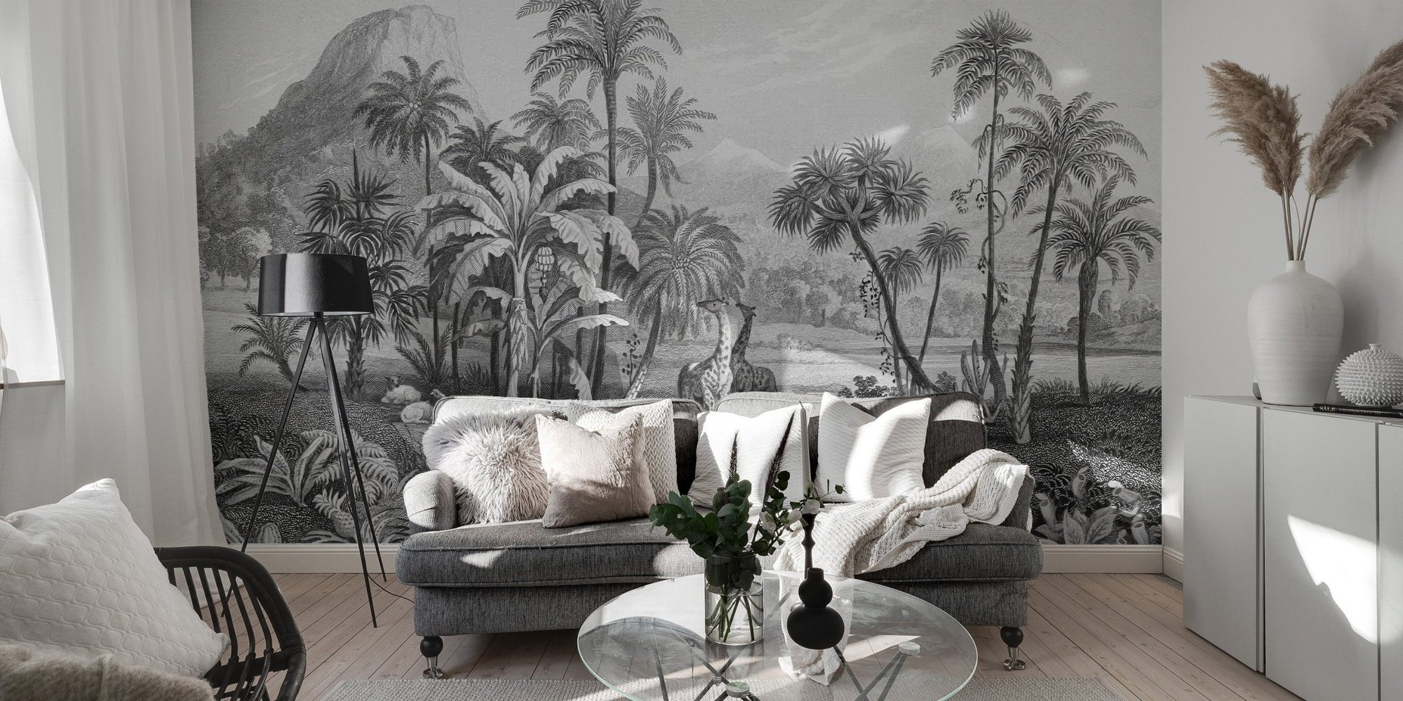 Monochrome tropical jungle wallpaper with giraffe line art for feature walls.