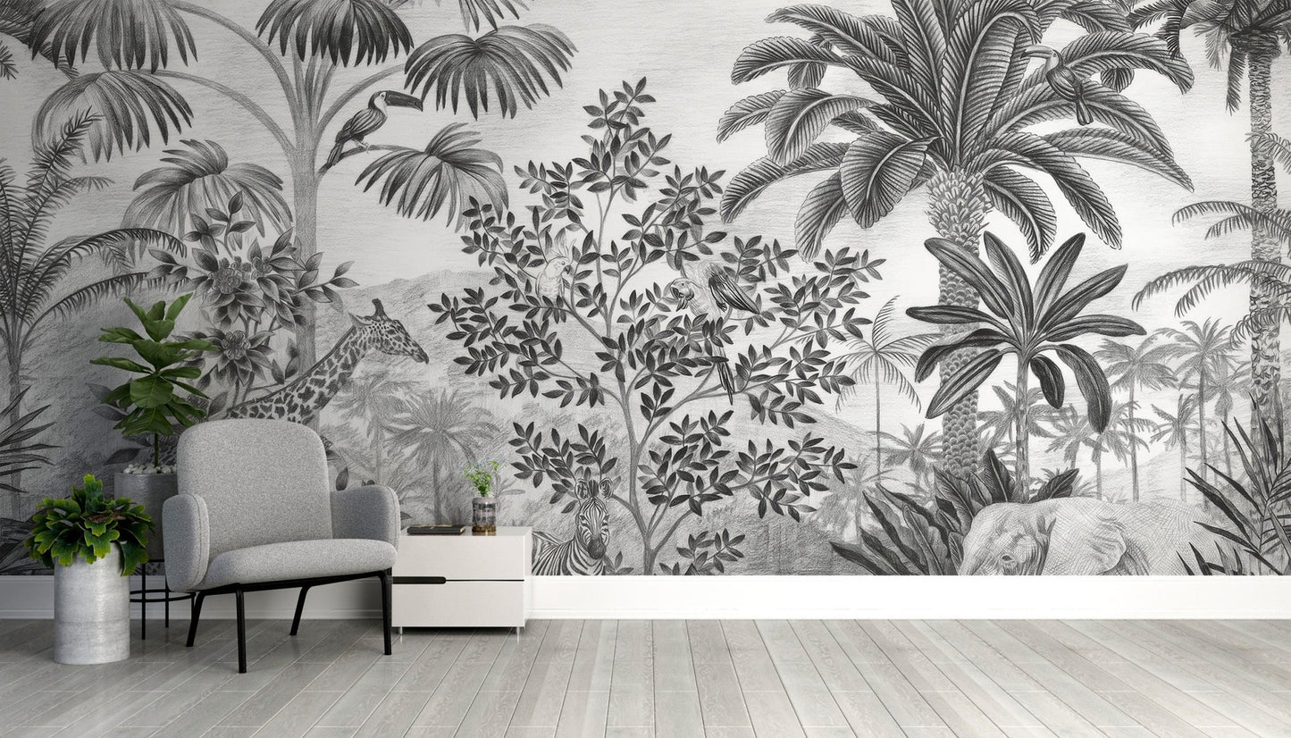 Monochrome Tropical Safari Wallpaper - Wallanza