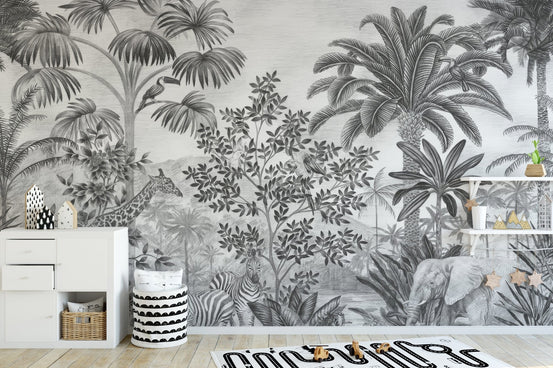 Monochrome tropical safari wallpaper featuring detailed pencil sketch palm trees.