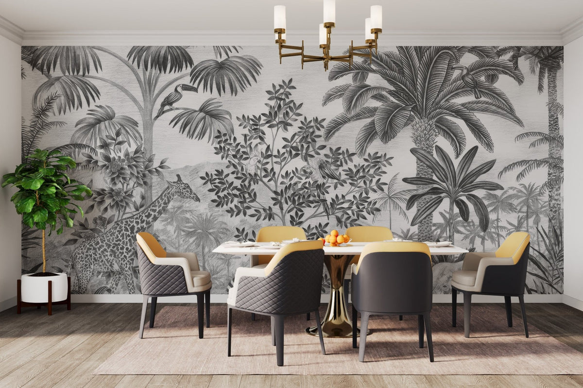 Monochrome safari wall mural with realistic animal drawings.