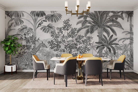 Monochrome safari wall mural with realistic animal drawings.