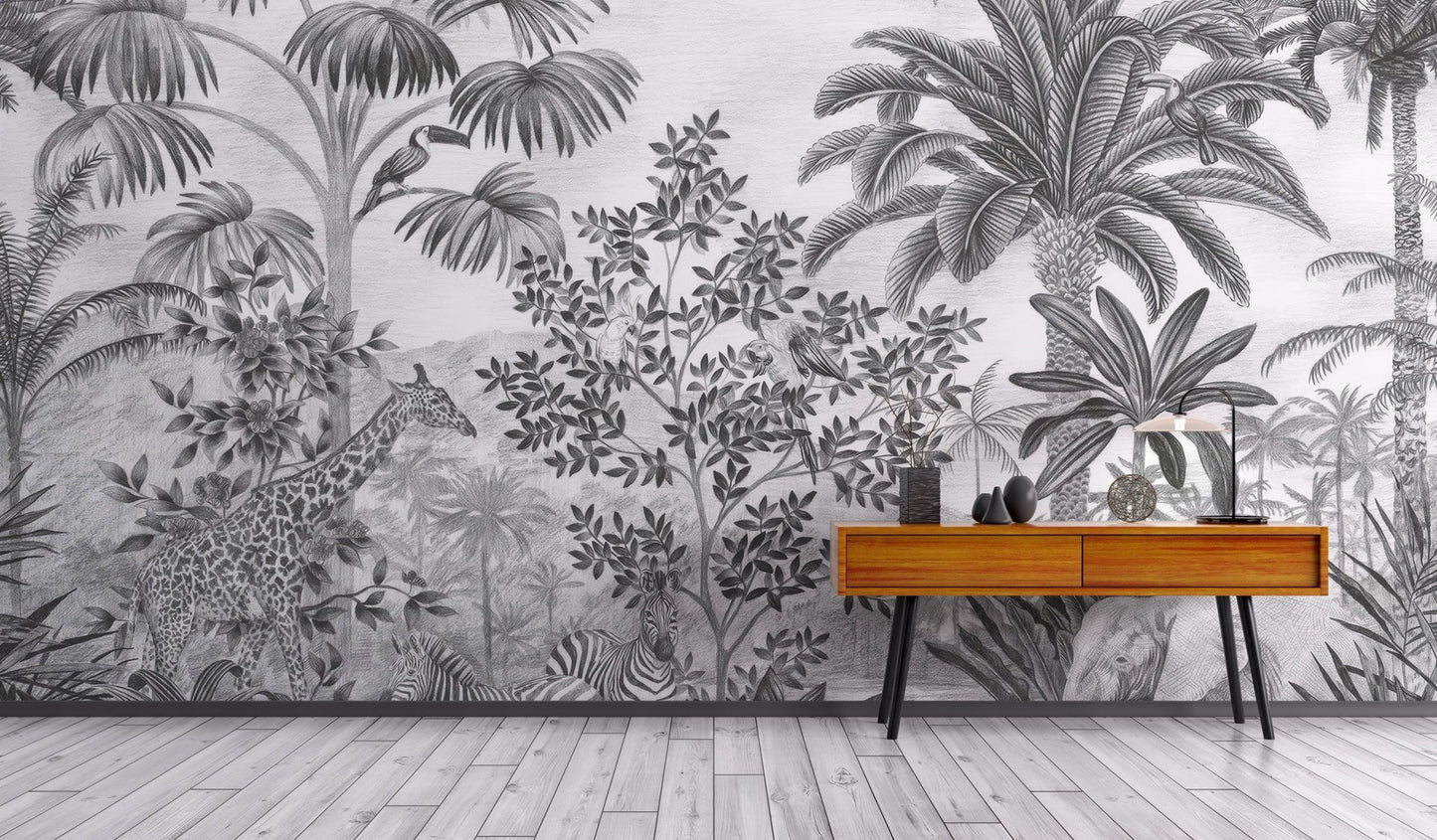 Monochrome Tropical Safari Wallpaper - Wallanza