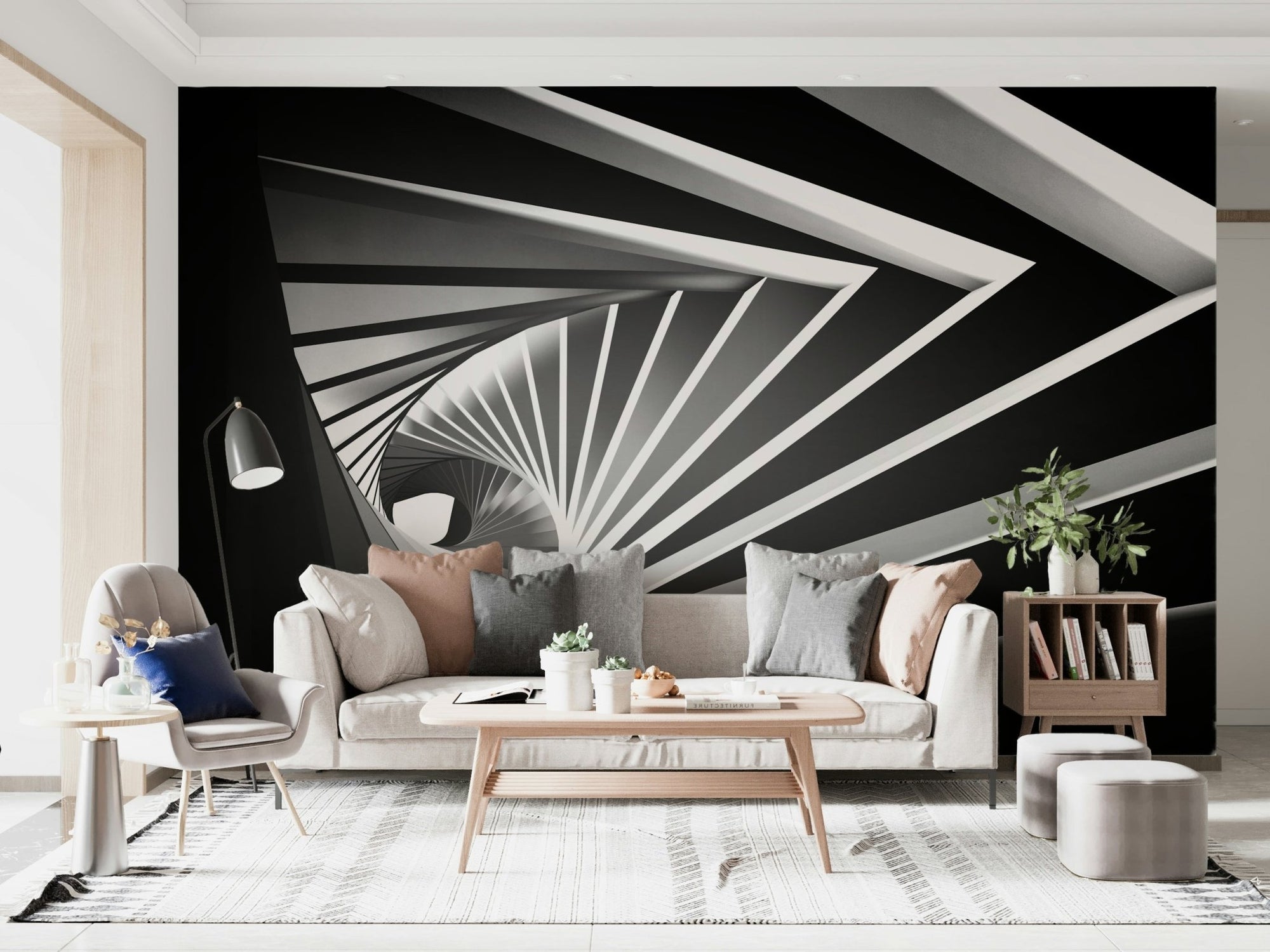 Abstract black-gray mural in feature wall