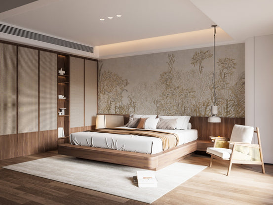 Sepia Flowers Shaded Wall Mural in a wooden themed bedroom.