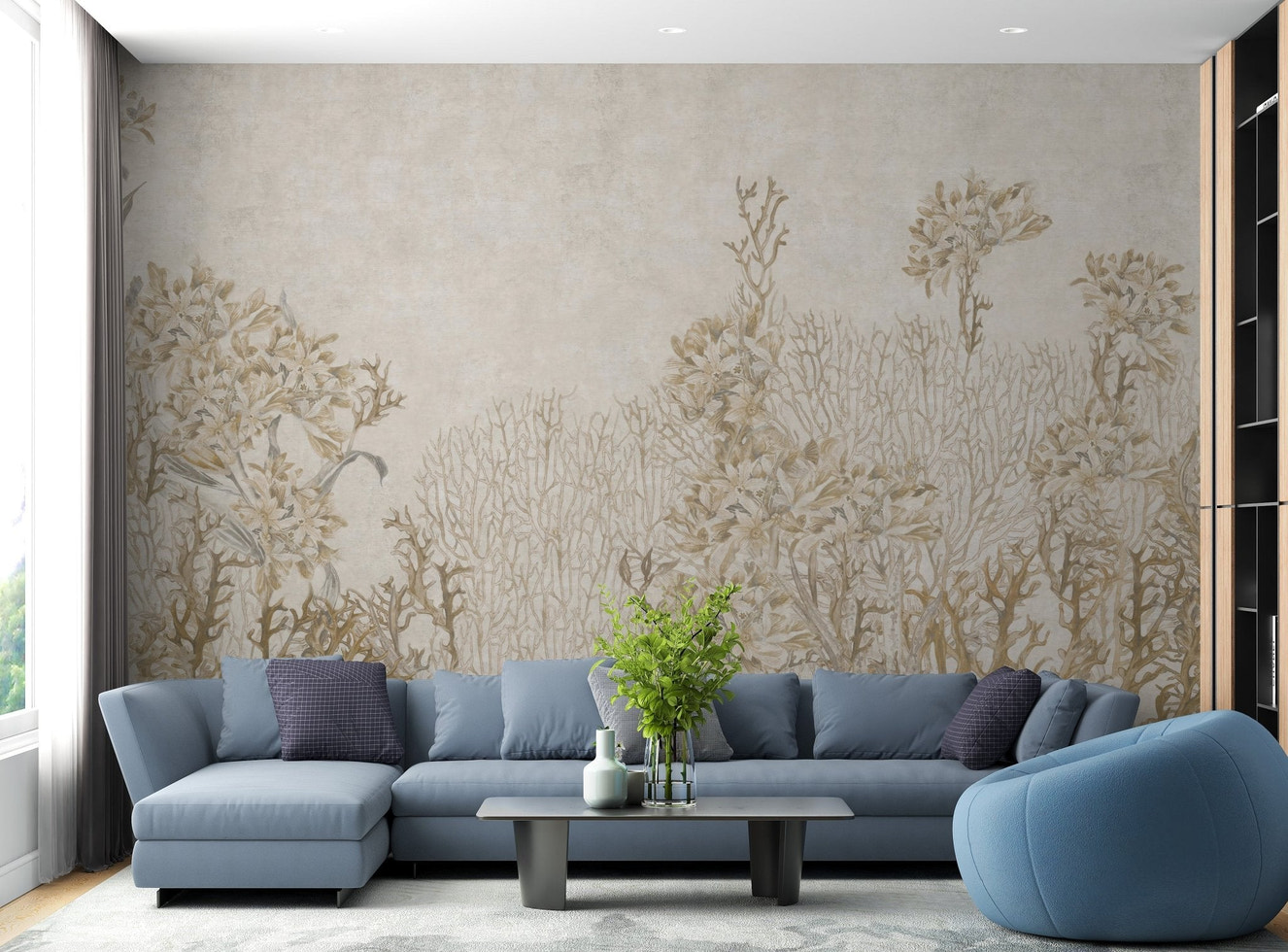 Monotone Sepia Flowers Shaded Wall Mural in a modern living room with blue sofa.