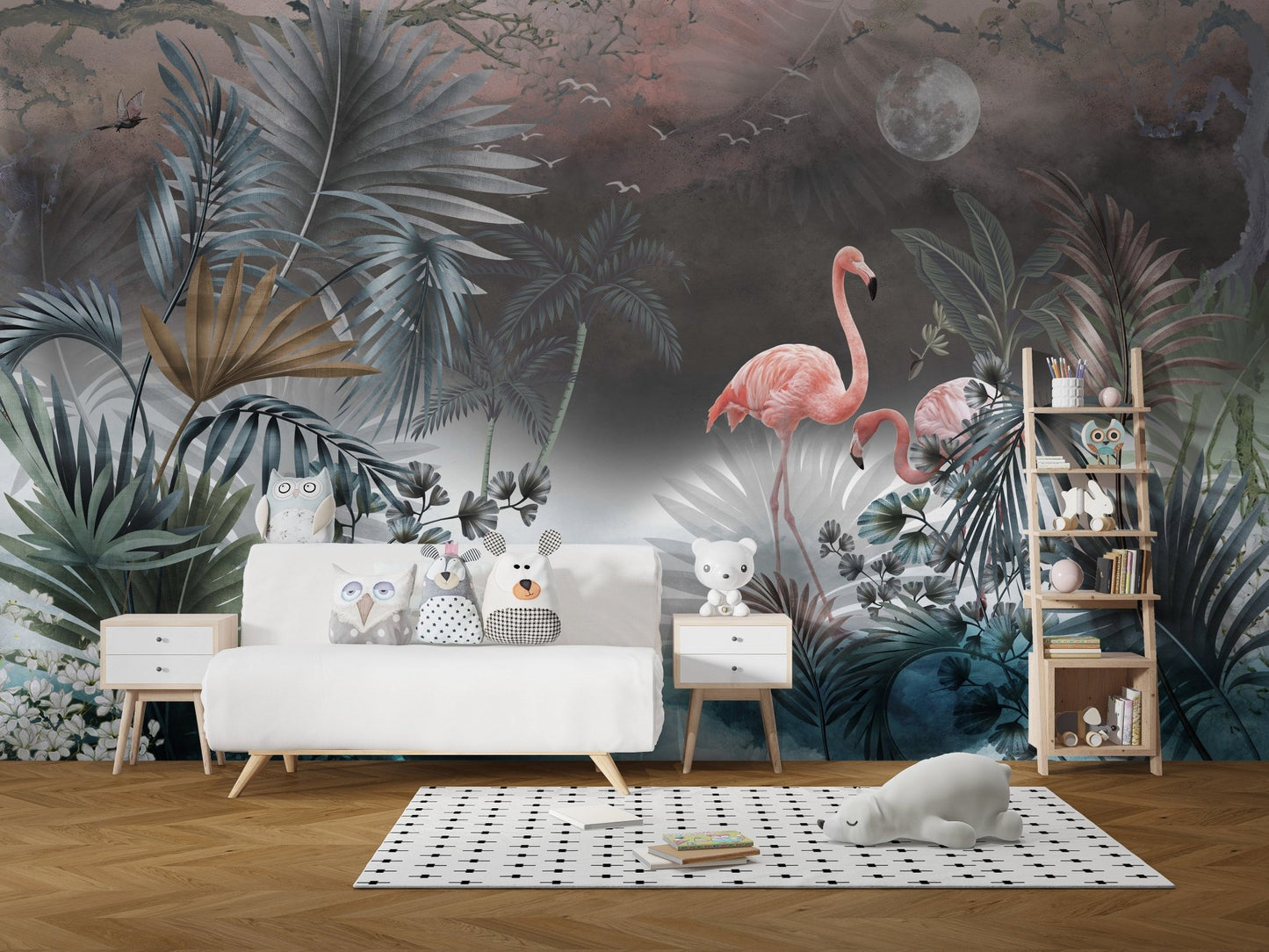 Tropical palm and leaves wall mural behind a white sofa in a modern playroom.