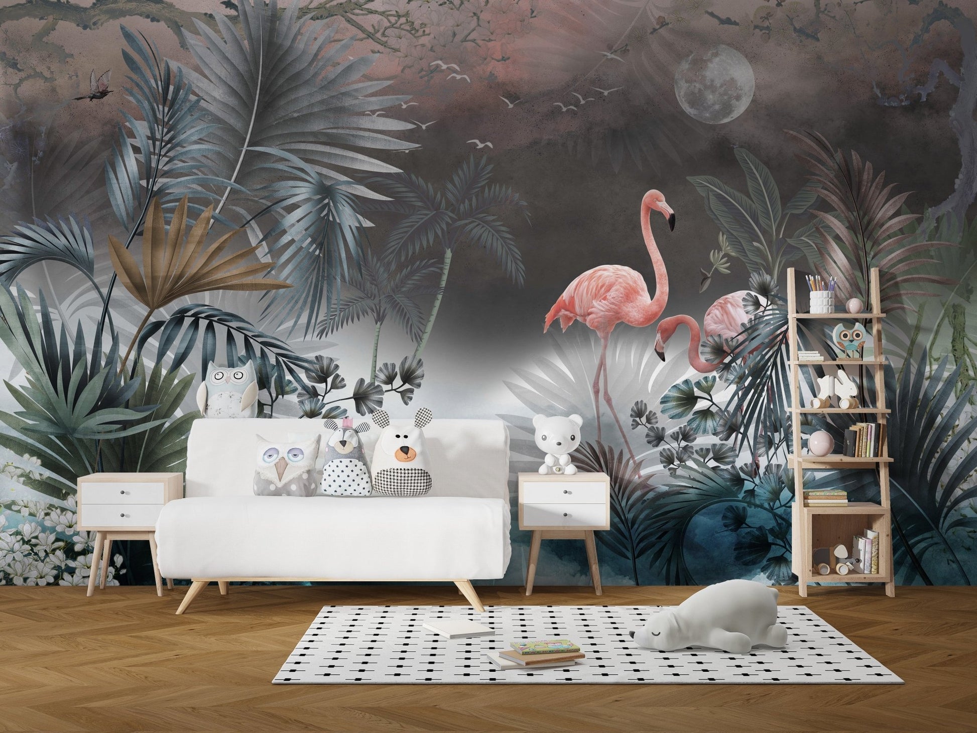 Tropical palm and leaves wall mural behind a white sofa in a modern playroom.