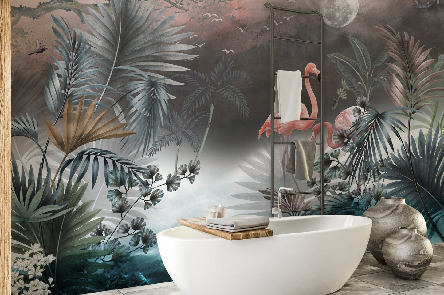 Monstera leaves wall mural behind a freestanding bathtub in a bathroom.