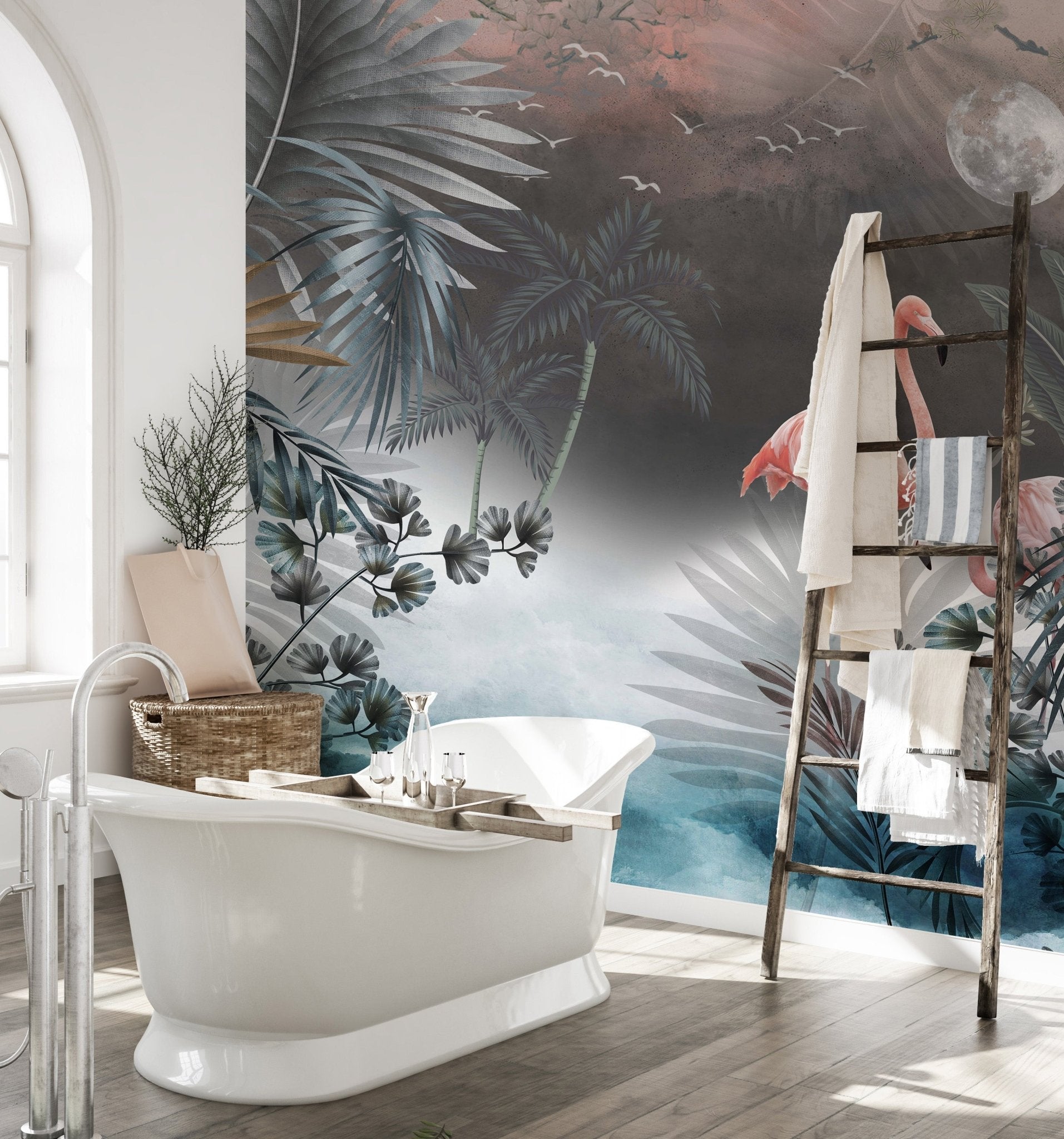 Monstera leaves wall mural featuring tropical birds in bathroom.