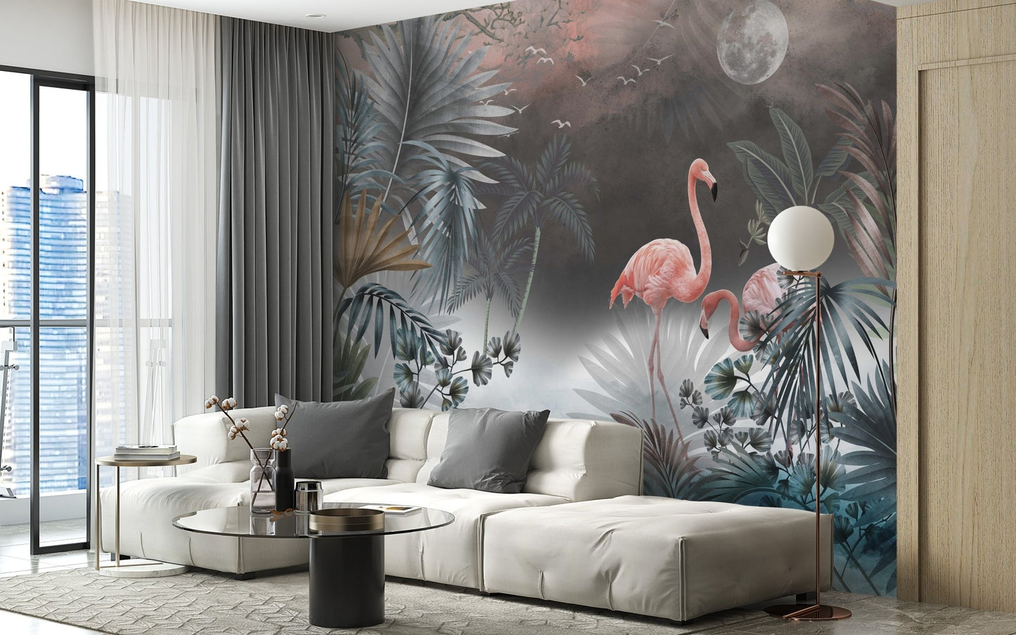Grey and blue tropical leaves wall mural in a bright living space.