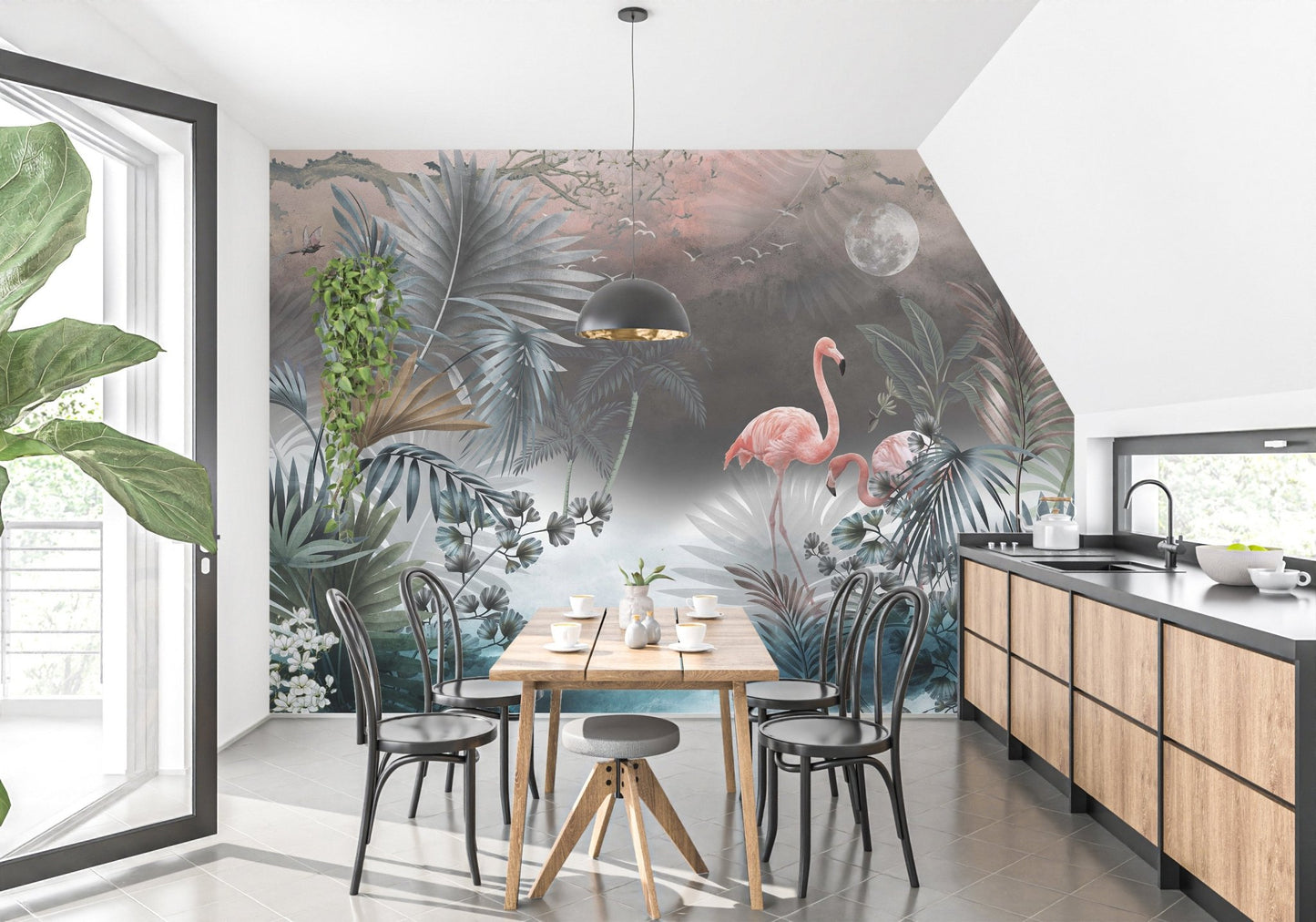 Dining room wall decor featuring tropical monstera leaves wall mural.