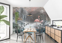 Dining room wall decor featuring tropical monstera leaves wall mural.