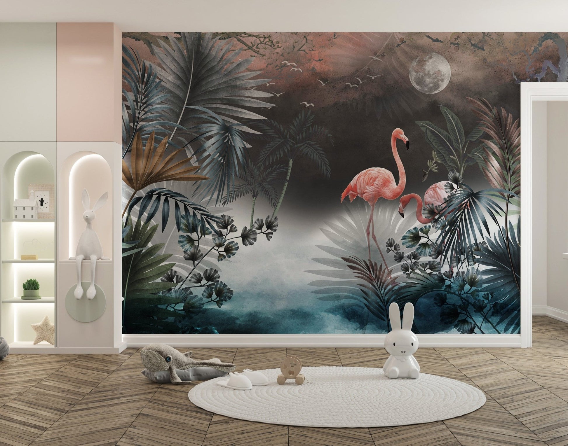Dark botanical leaves wall mural with pink flamingo accents in a large open kids area.