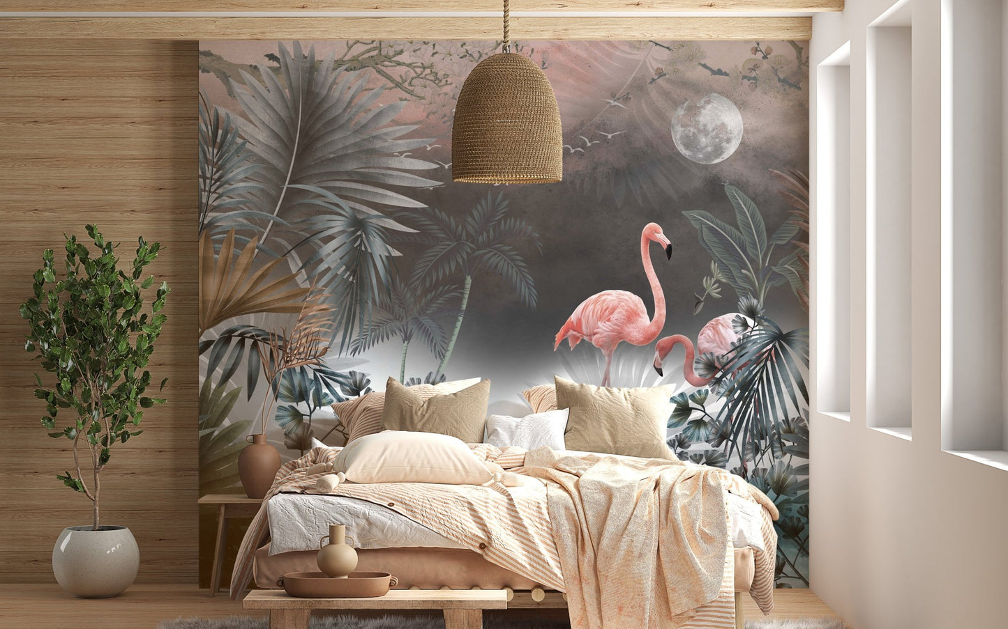 Tropical monstera wall mural in a cozy bedroom with neutral bedding.