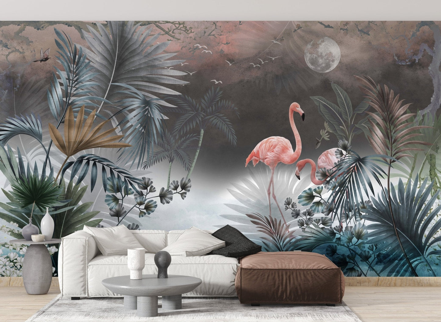Monstera leaves wall mural with pink flamingo in a white minimalist living room.