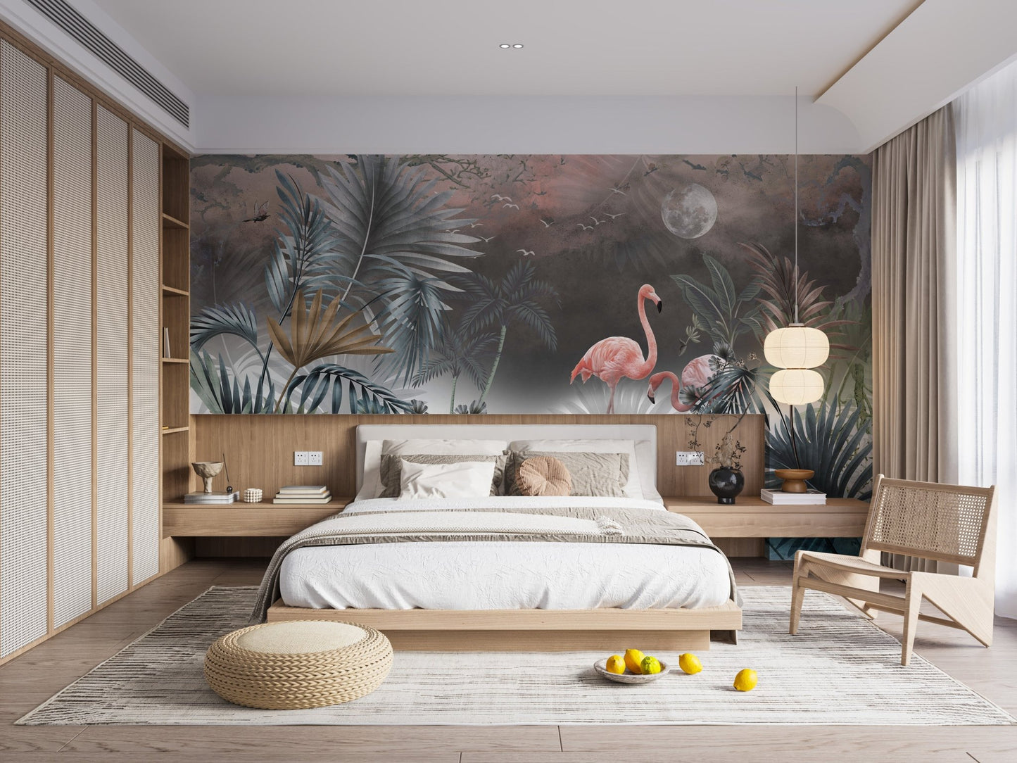 Wall mural with flamingo and monstera leaves behind a wooden bed frame.