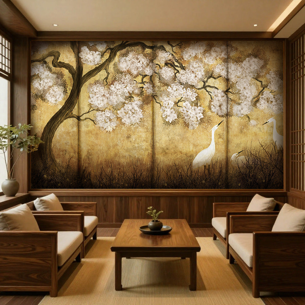 Imperial Gold Blossom & Cranes Wall Mural