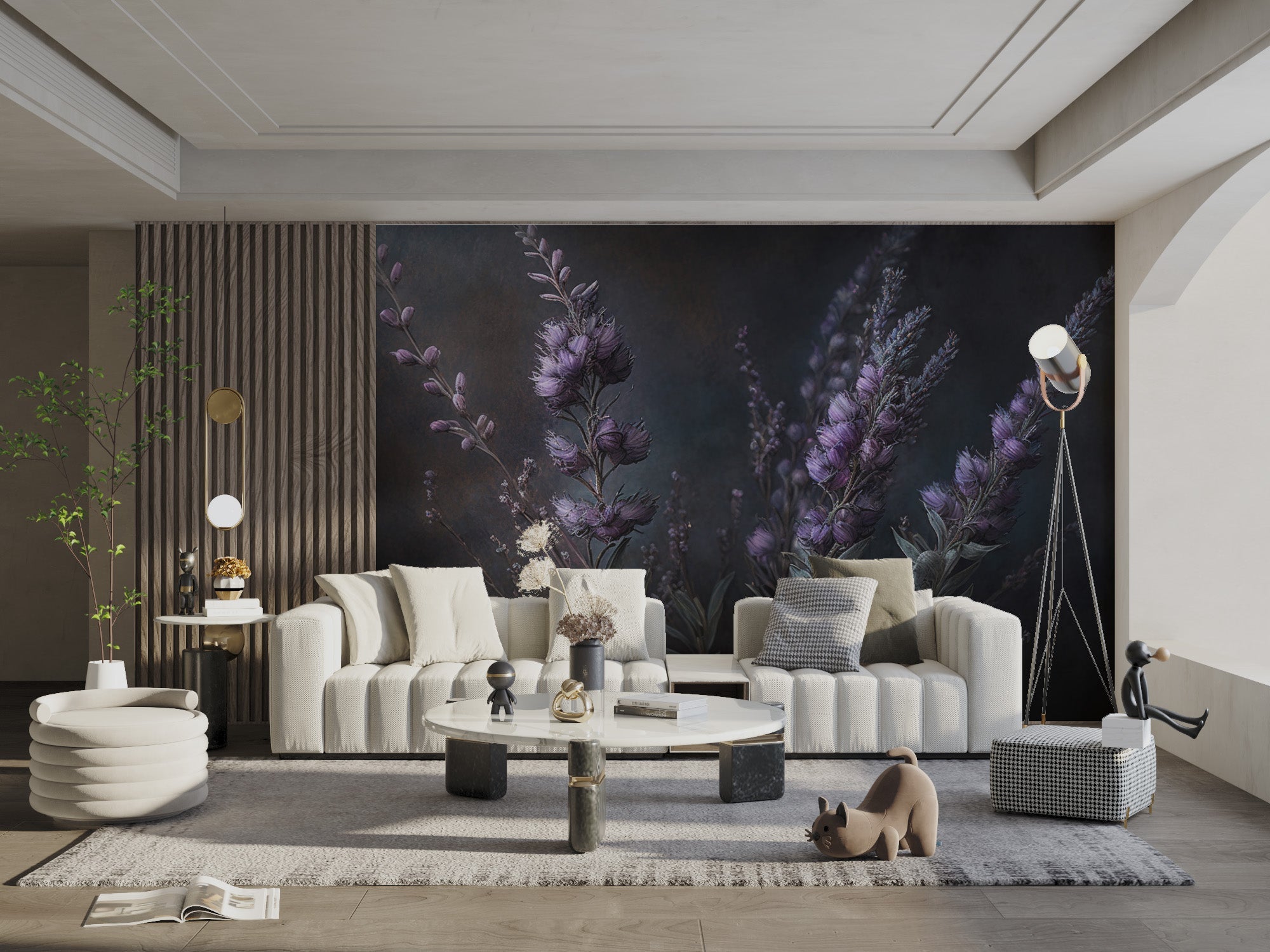 Moody lavender floral wallpaper for a bold and artistic interior look.