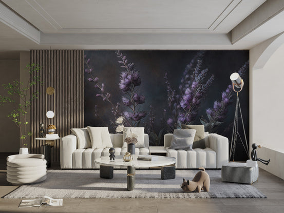 Moody lavender floral wallpaper for a bold and artistic interior look.