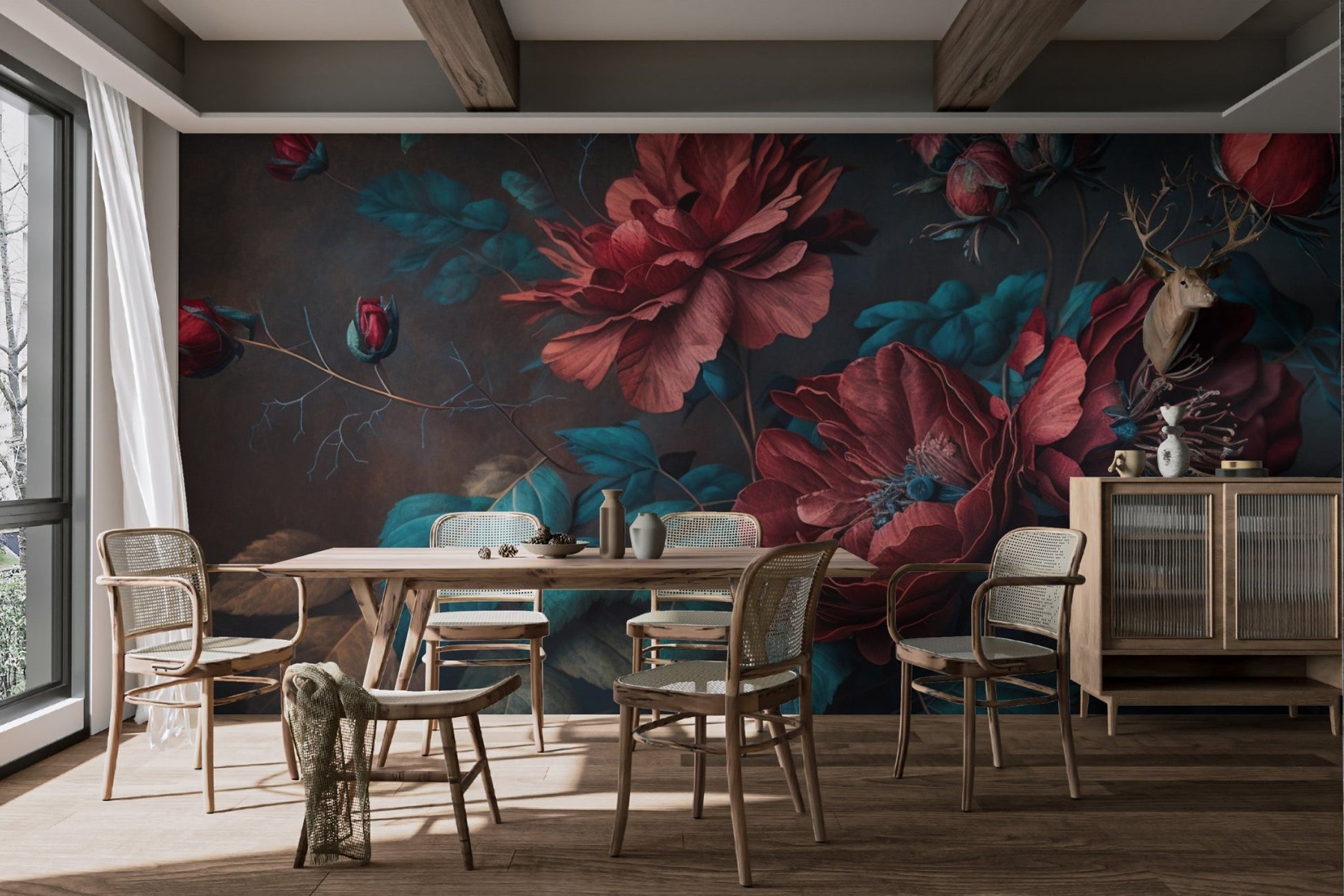 Moody Red Floral Wallpaper - Wallanza