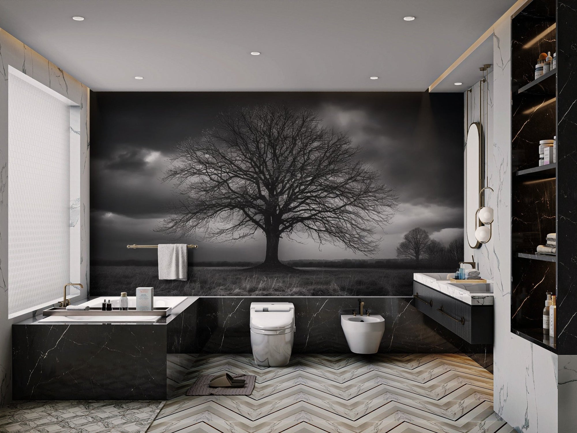 Dramatic tree silhouette wall mural with fine branch details and dark sky.