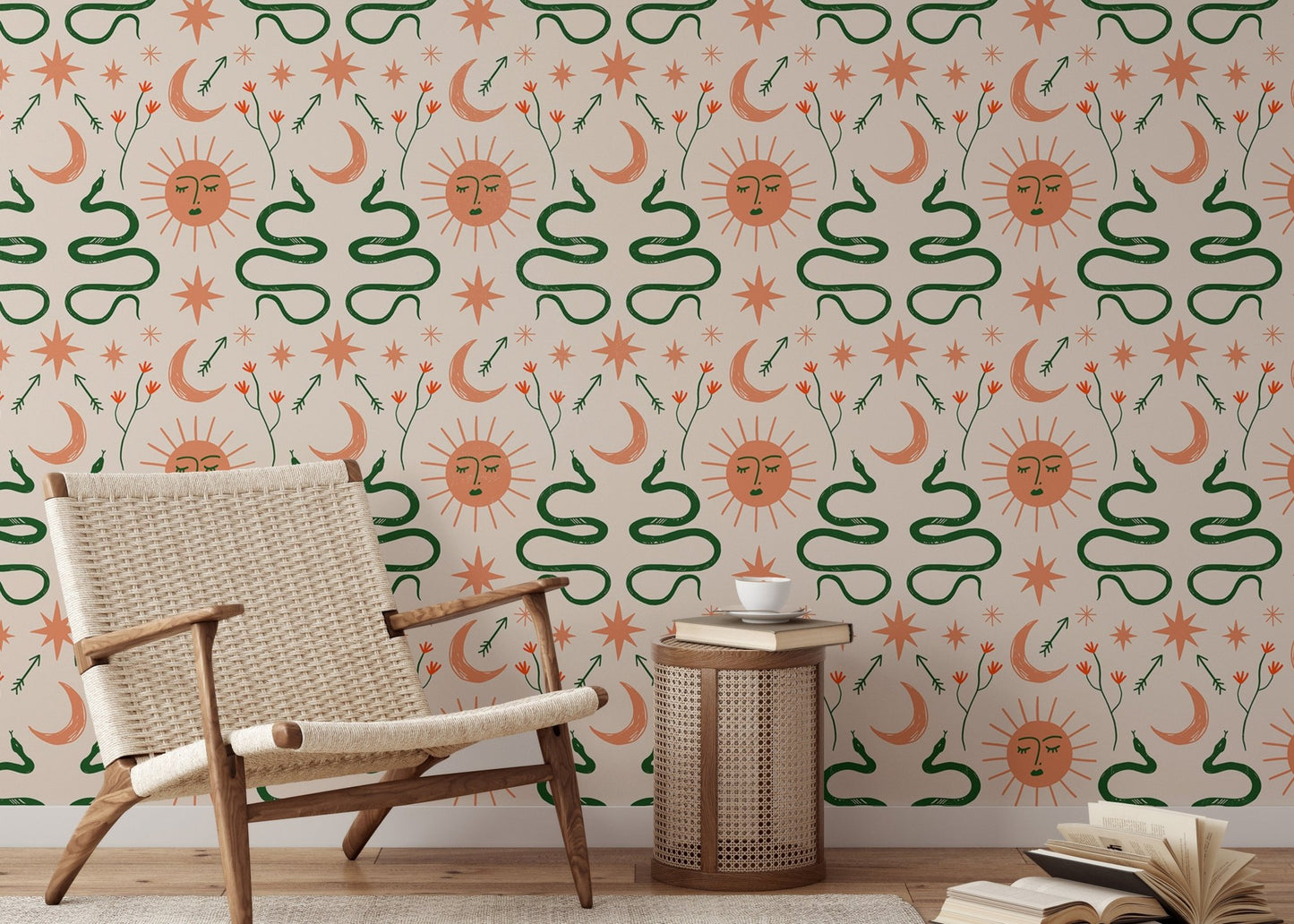 Sophisticated Boho design wallpaper with celestial and snake patterns in reading area.