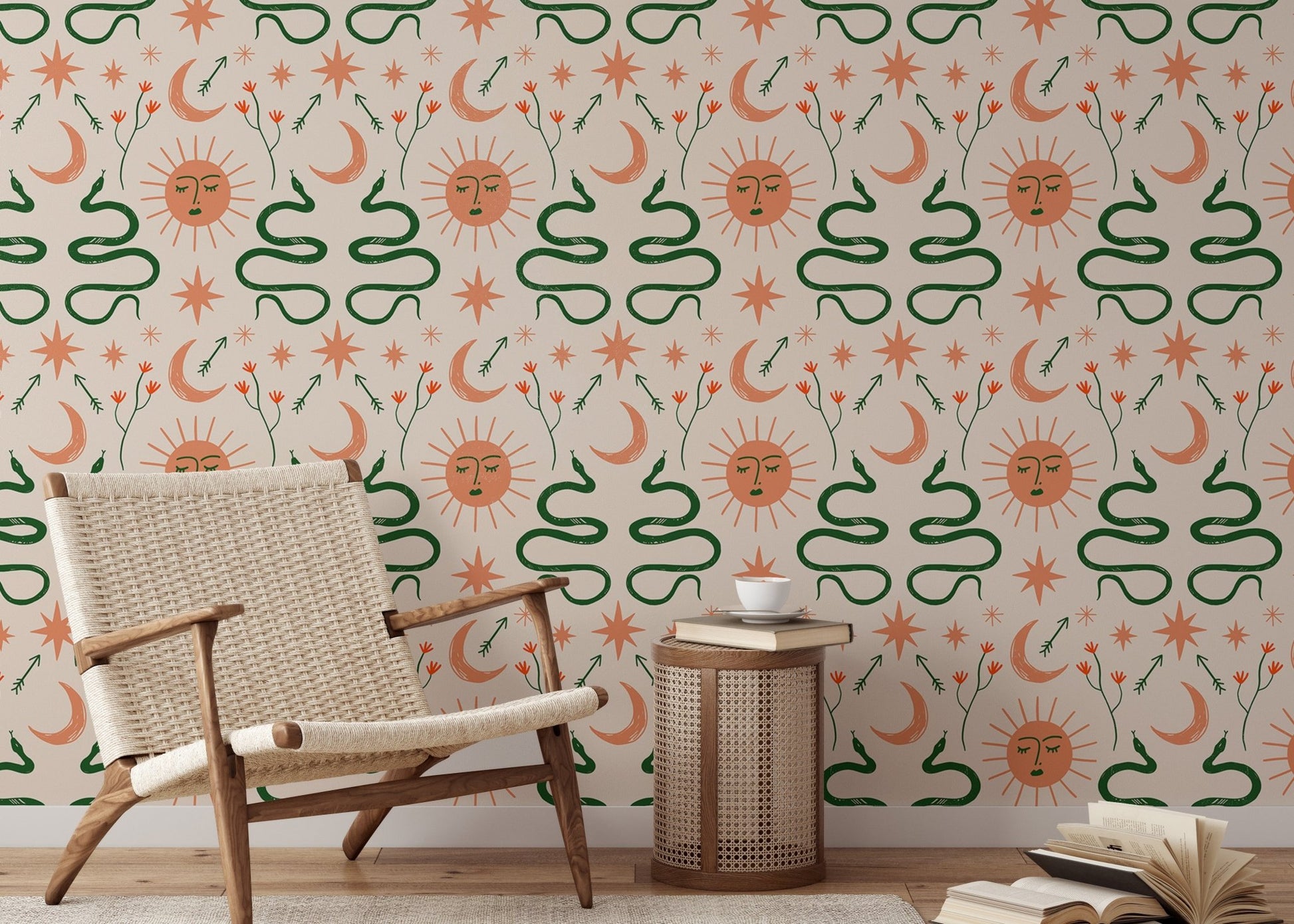 Sophisticated Boho design wallpaper with celestial and snake patterns in reading area.