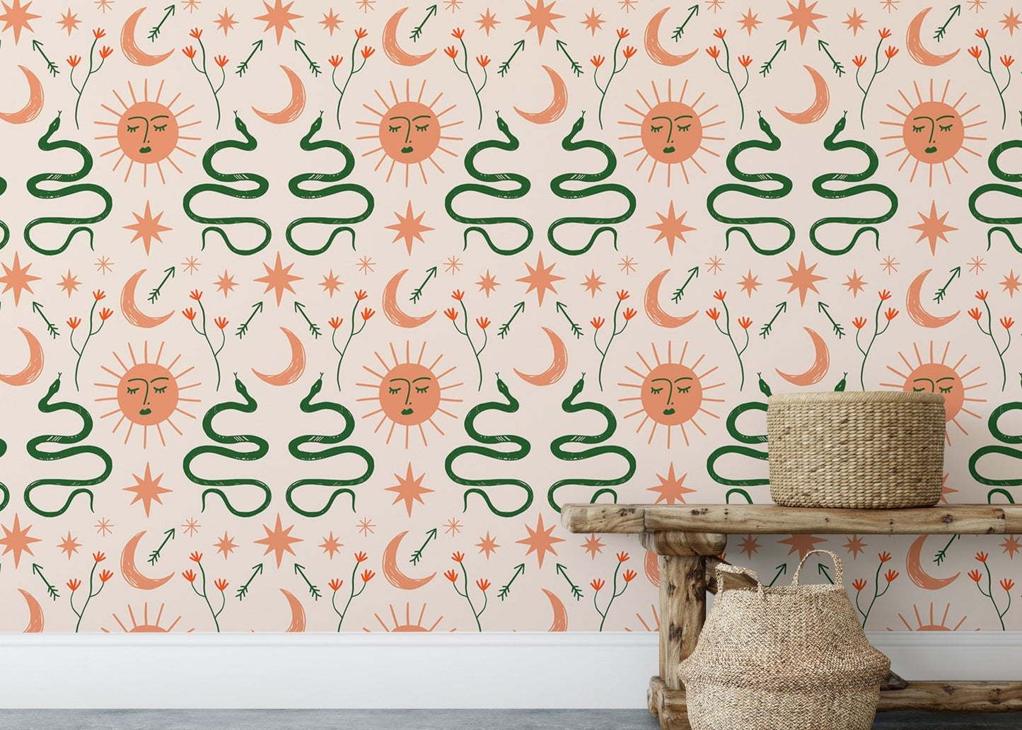 Artistic Boho wallpaper with moon, sun, and snakes behind wooden bench and basket.