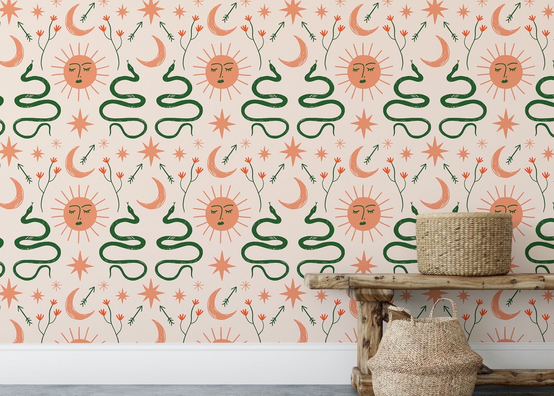 Artistic Boho wallpaper with moon, sun, and snakes behind wooden bench and basket.
