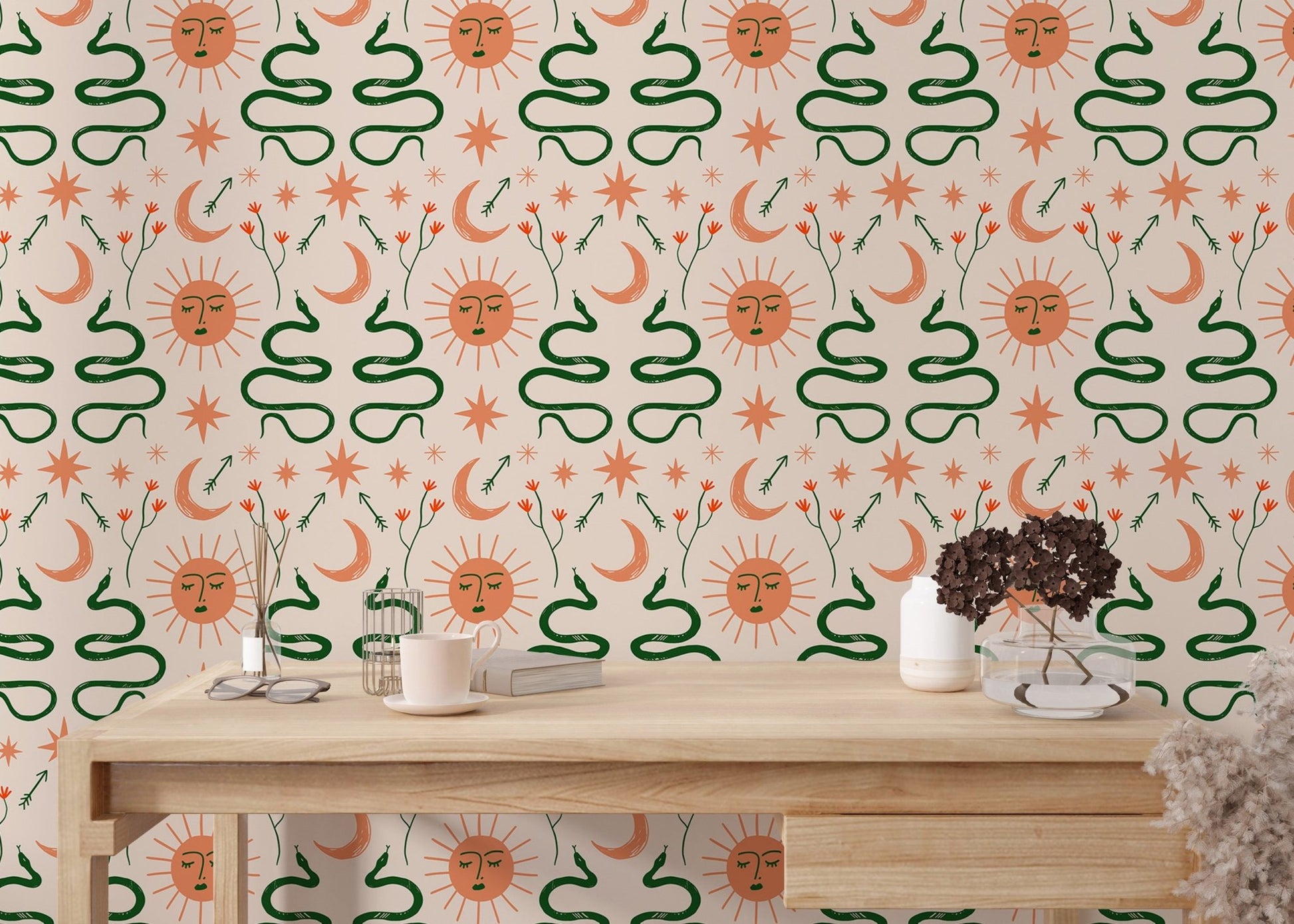 Vector snakes and celestial Boho wallpaper in study space.