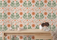 Vector snakes and celestial Boho wallpaper in study space.