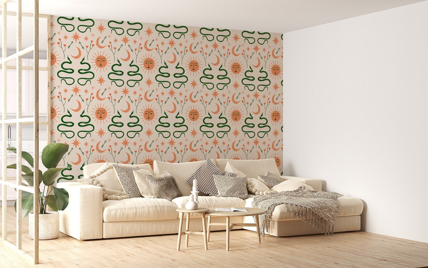 Unique Boho vector design with snakes and celestial art in bright living room.
