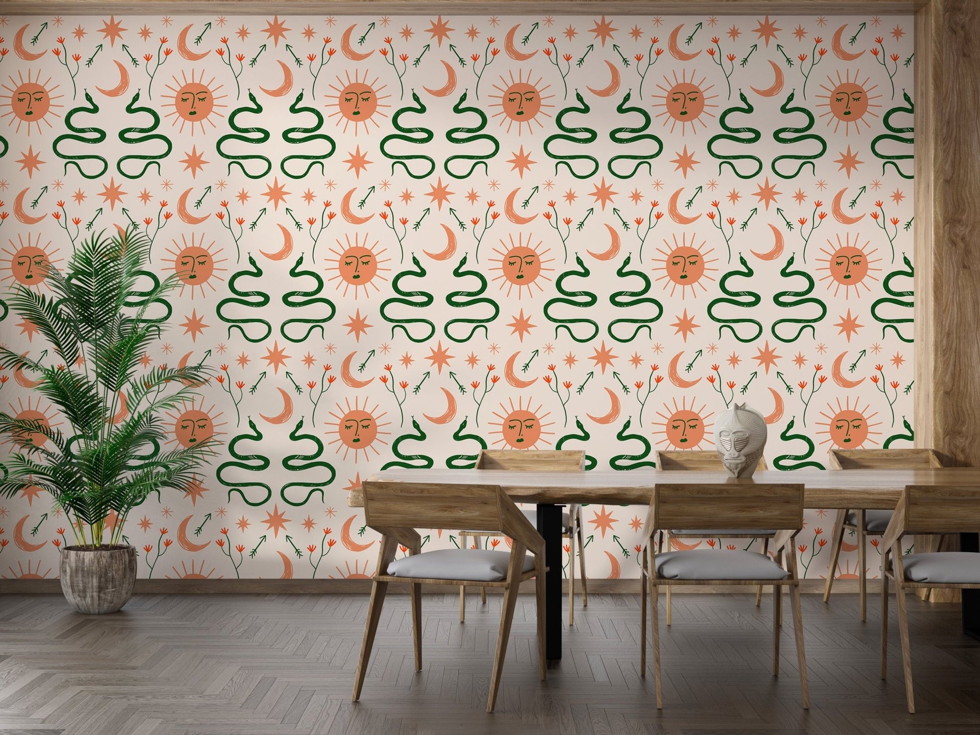 Stylish Boho wallpaper featuring snakes, moon and sun in dining area.