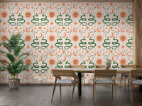 Stylish Boho wallpaper featuring snakes, moon and sun in dining area.