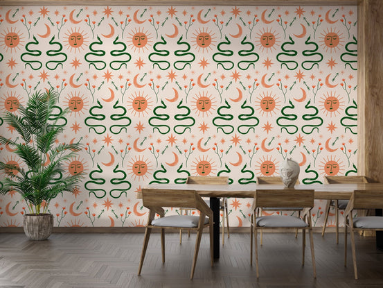 Stylish Boho wallpaper featuring snakes, moon and sun in dining area.