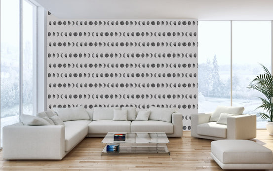 Modern celestial moon pattern in neutral wallpaper mural.