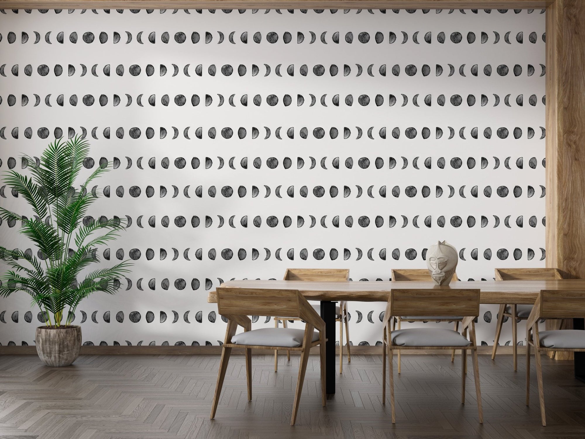 Watercolor moon phase rows in gray wallpaper mural.