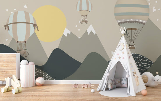 Moonbeam Balloon Adventure Wall Murals in a playroom with a white teepee.