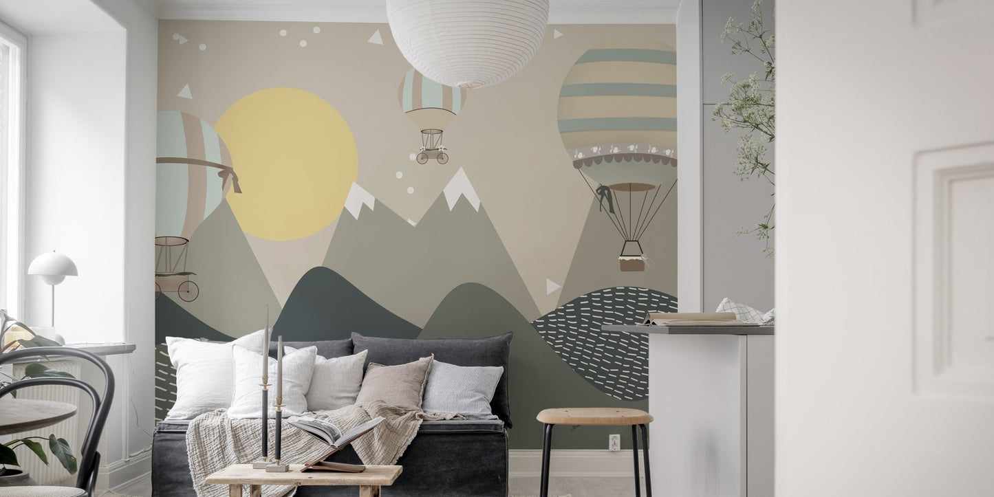 Modern flat interior featuring a mountain and balloon pattern wall mural.