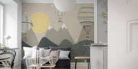 Modern flat interior featuring a mountain and balloon pattern wall mural.