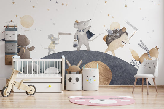 Soft grey and beige galaxy theme wallpaper wall mural.