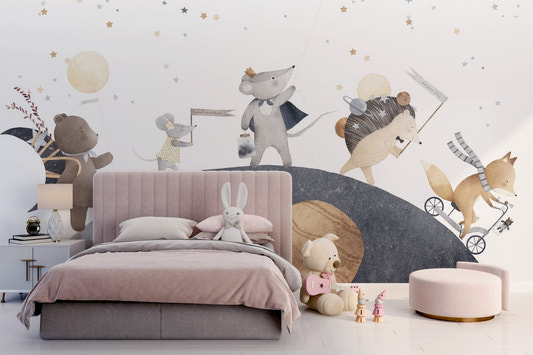 Moonlight friends wall mural woodland animals space theme wallpaper.