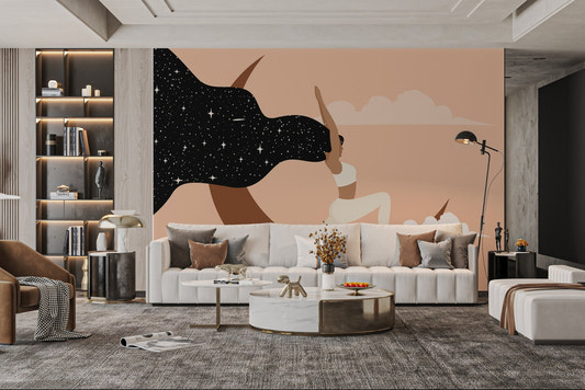 Tranquil mural with yoga pose under moonlight serenity for living room interior.