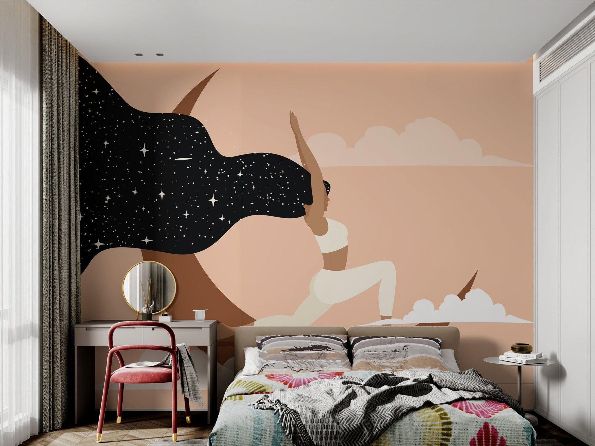 Moonlight-themed yoga mural for peaceful bedroom wall decor.