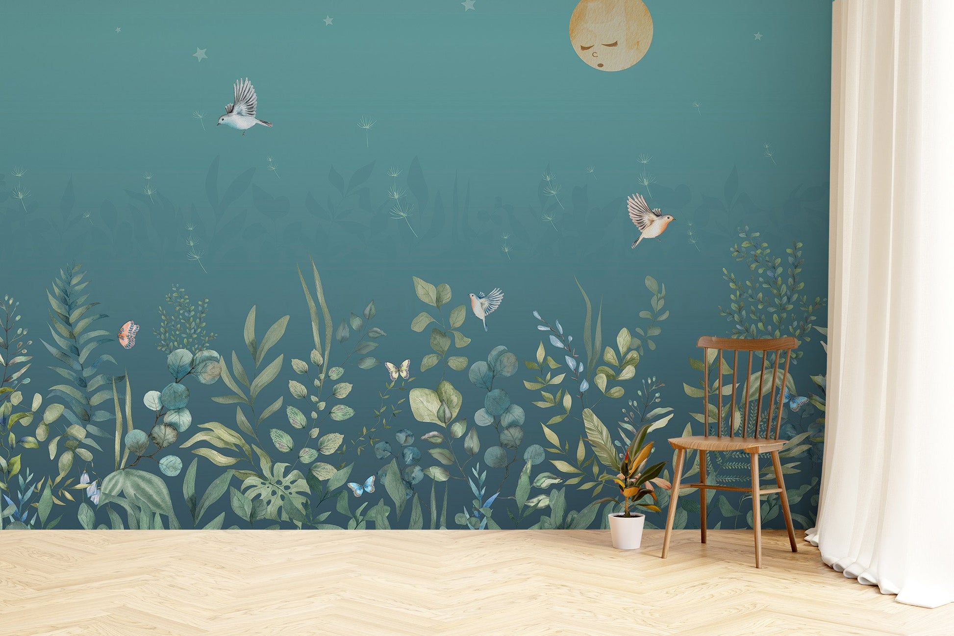 Moonlit Botanical Garden Wall Mural - Wallanza